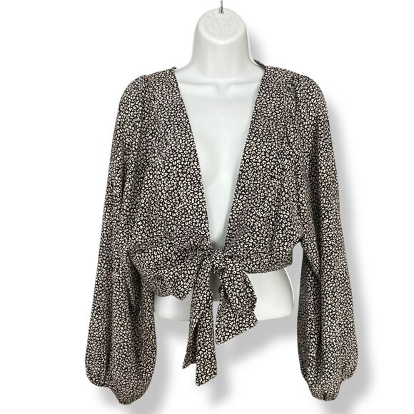 Princess Polly New Mood Top Tie Front Deep V Size 8 Animal Print Balloon Sleeve - Picture 3 of 13